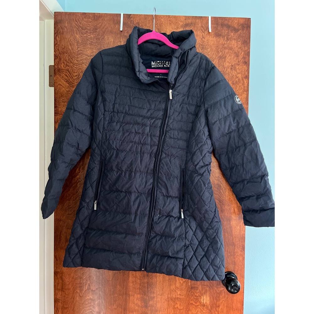 Michael Kors Long Puffer Jacket Womens L Navy Blue Excellent Packable Down Fill